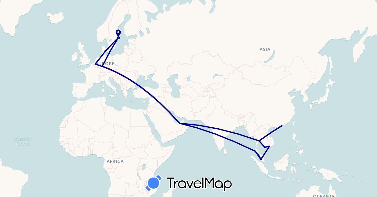 TravelMap itinerary: driving in United Arab Emirates, Belgium, China, Germany, Malaysia, Sweden, Thailand, Vietnam (Asia, Europe)