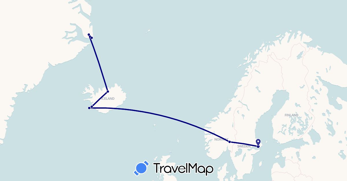 TravelMap itinerary: driving in Greenland, Iceland, Norway, Sweden (Europe, North America)